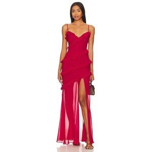 NWT Lovers + Friends Karlie Gown Red Ruffle Tiered Chiffon Gown Dress Size S